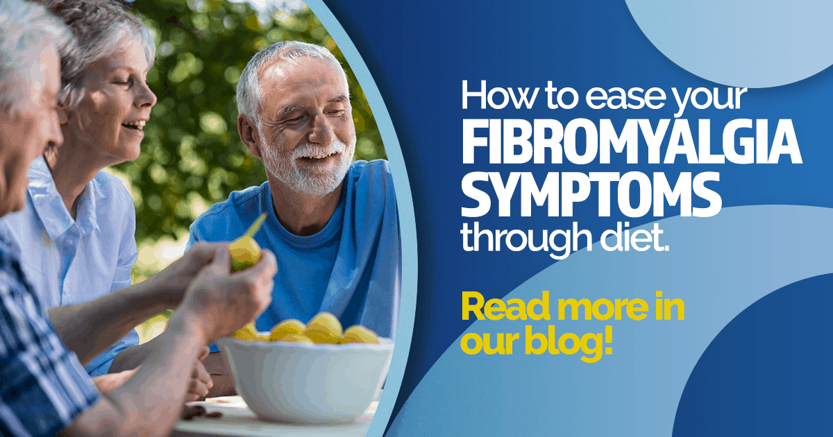 Three older people with a bowl of healthy fruit, how to ease fibromyalgia symptoms through diet, clinical research